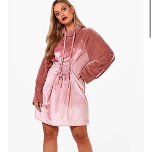 Boohoo Plus Velvet Flare Sleeve Lace Up Dress